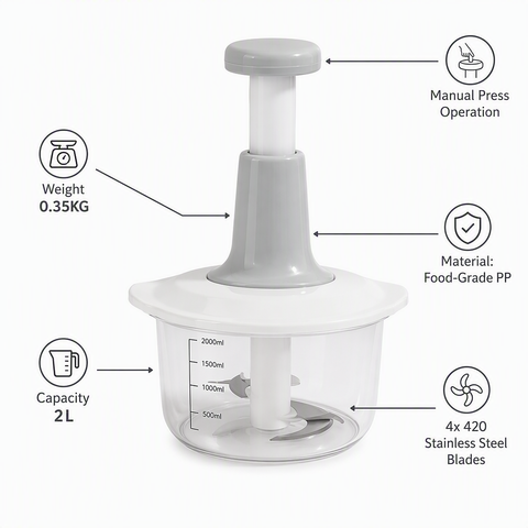 2L Manual Press Food Chopper & Meat Mincer | 4 Stainless Steel Blades | Food-Grade Vegetable Cutter & Garlic Chopper