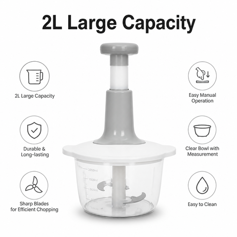 2L Manual Press Food Chopper & Meat Mincer | 4 Stainless Steel Blades | Food-Grade Vegetable Cutter & Garlic Chopper